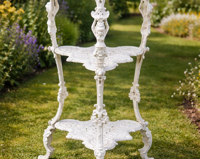 White Cast Iron Flower Table: Rustic Patio Decor (73x30cm)