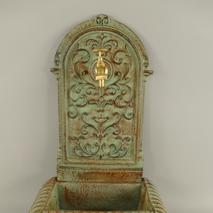 Patina Cast Iron Wall Fountain with Brass Faucet Tap,  Fountain Metal Wall Sink, Patio Wall Ornament Outdoor ation