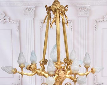 Vintage French Chandelier - Bronze Hanging Lamp with Figurines - Country Bronze Effect Ceiling Light - Elegant Home & Garden Decor Gift Idea