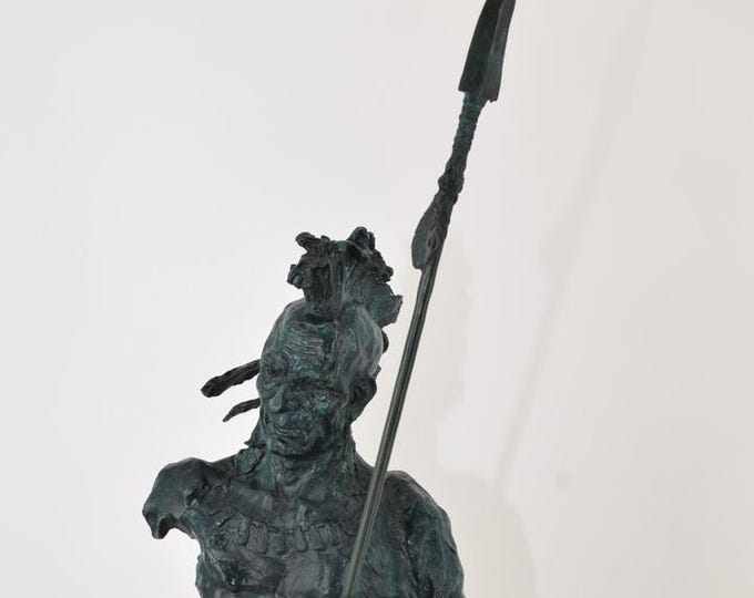 Large Indian Warrior with Spare - Bronze Bust Sculpture on Marble Base - US Vintage Figure - History US Statue - Home Decor - Gift Idea