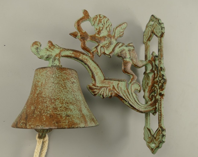 Decorative Door Bell with Angel - Welcome Bell - Cast Iron Bell - Antique Home Decor - Wall Ring Bell - Amazing Gift Idea - Green Patina