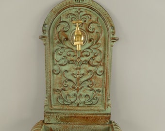 Patina Cast Iron Wall Fountain with Brass Tap: Art Nouveau Garden Decor