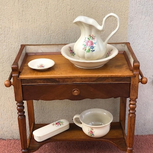 Ceramic Bath Set on Cast Iron Stand - Vintage Style Bathroom Set - Floral Ornaments - Home and Garden Decor