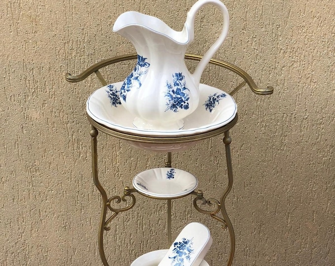 Ceramic Bath Set on Cast Iron Stand - Vintage Style Bathroom Set - Floral Ornaments - Home and Garden Decor