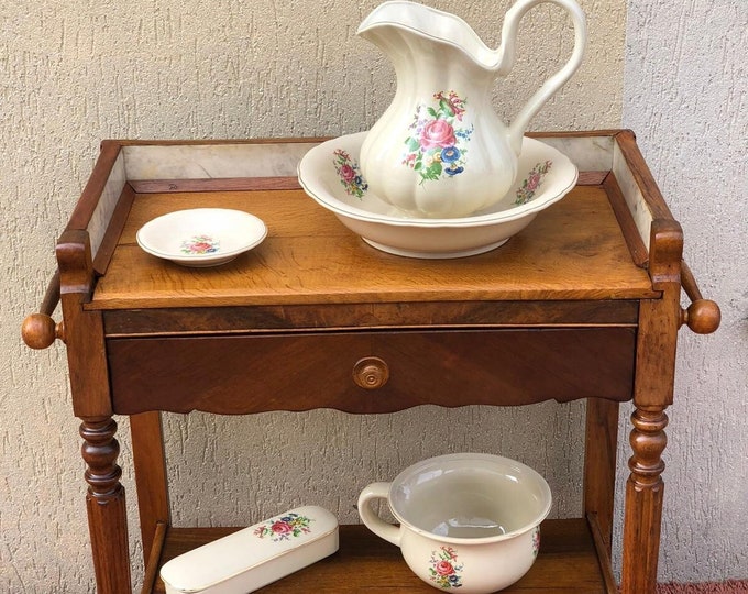 Ceramic Bath Set on Cast Iron Stand - Vintage Style Bathroom Set - Floral Ornaments - Home and Garden Decor