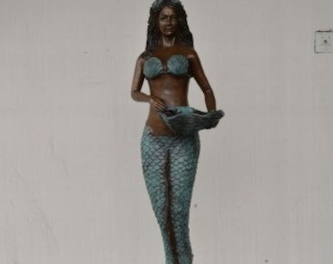 Large Statue Mermaid with Seashell Bronze - Sculpture Bronze Mermaid - Exclusive Garden Figurine - Home Garden Decor