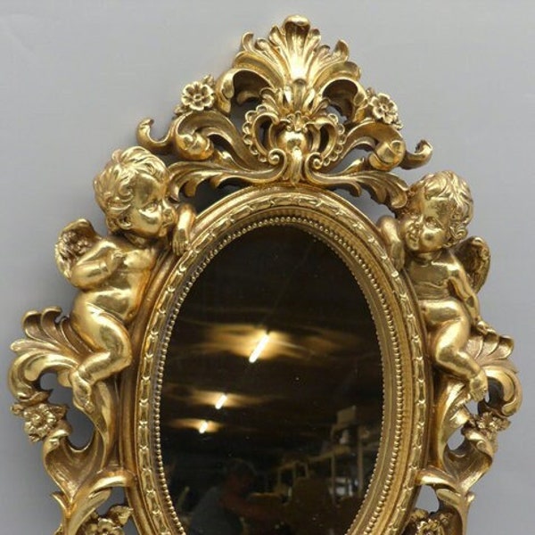 Miroir Ovale Cristal Doré Ange Anges Style Art Déco Idée Cadeau