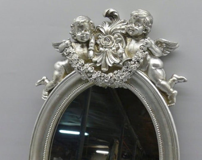 Mirror Oval Crystal Silver Angel Angels Art Deco Style  Gift Idea