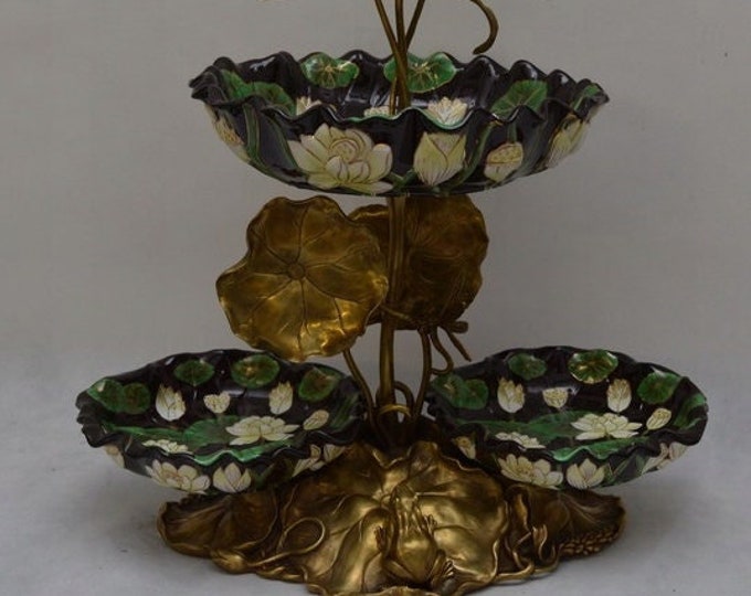 Exclusive Porcelain with Bronze ornaments Bowl - Plateau Frog Dragonfly Luxury Vase with Bronze Base