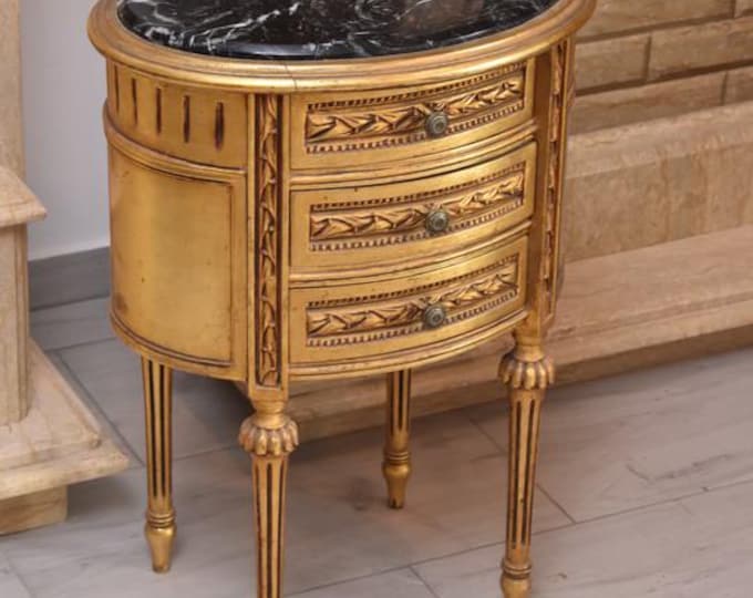 Gold Baroque-Style Commode — Beech Wood with Marble Top — 3 Drawers — Antique-Inspired Furniture