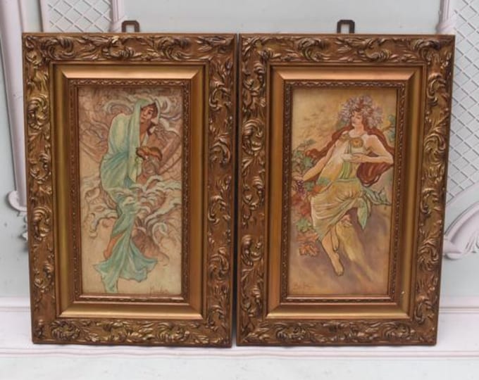 2 x Antique Lady of the Camellias Painting - Alphonse Mucha Style Art Nouveau