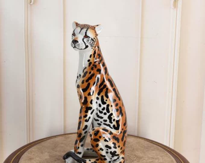 Porcelain Seated Panther Figurine | Spotted Tiger Sculpture | Unique Vintage Animal Figure – Home Decor