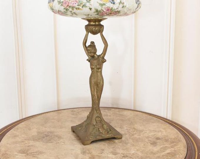 Art Nouveau Porcelain Fruit Plate: Bronze Nymph Vintage Bowl Stand
