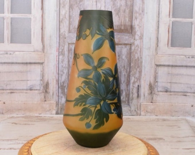 Limited Flower Vase - Green and Orange Glass Vase - Emile Galle Style - Solid and Heavy - Wedding Gift Idea - Home Decor