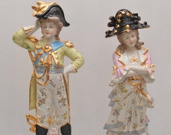 Vintage Art Deco Style Porcelain French Aristocracy Figurines with Gilded Painting