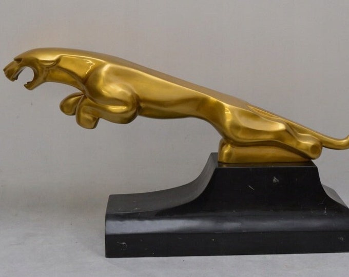 Large Gold Jumping Jaguar - Vintage Bronze - Realistic Bronze Statue - Gilded Sculpture - Home and Office Decor - Gift Idea