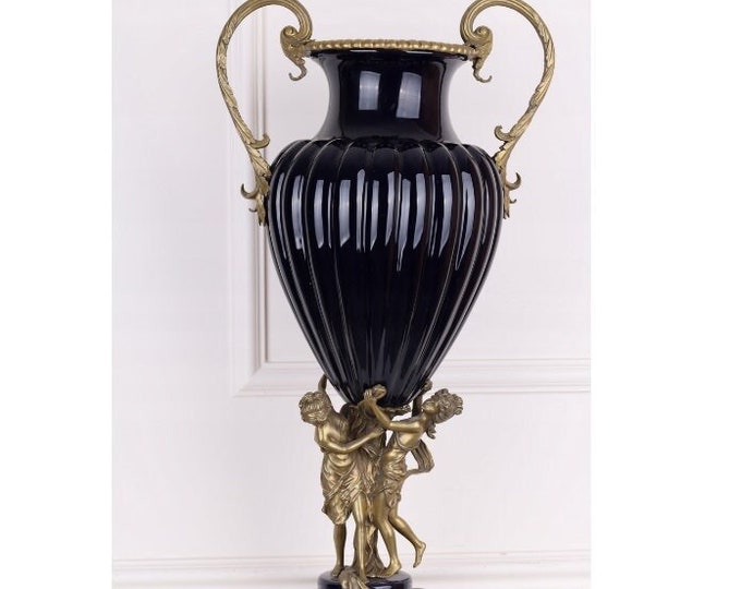 31 inches Cobalt Vase - Cobalt and Bronze Ornaments -  Nymphs Bronze Statues - Flower Pot Art Nouveau - Home Decor - Gift for Wedding