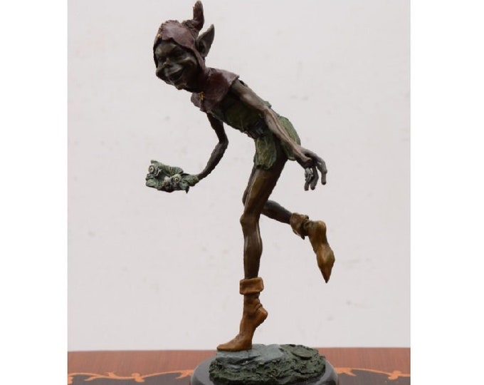 Funny Wizard Goblin - Bronze Statue on Marble Base - Funny Gnome Pixie Bronze Sculpture - Elf Bronze -