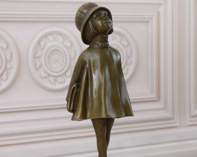 Young Student with a Briefcase - Girl Bronze Statue on Marble Base - Art Deco Bronze - Home Decor - Vintage Bronze Statue - Gift Idea