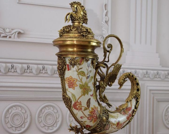 Large Florals Cornucopia - Horn of Plenty Porcelain and Bronze Ornaments - Vintage Porcelain - Gift for Wedding, Housewarming- Home Decor
