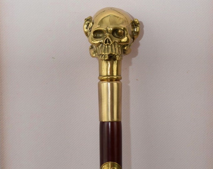 Skull with Rats Wooden and Bronze Walking Stick - Skeleton Head Cane - Steampunk Cane - Foundry Mark - Solid Gift Idea for Birthday