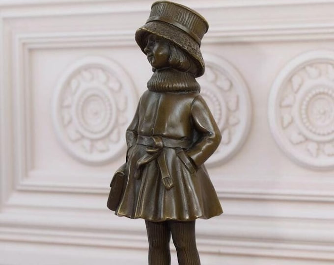 Young Student with a Briefcase - Girl Bronze Statue on Marble Base - Art Deco Bronze - Home Decor - Vintage Bronze Statue - Gift Idea