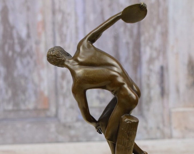 Discobolus Bronze Sculpture on Marble Base - Man Act -  Inspired by Myron Ancient - Signed Figure - Foundry Mark - Home Decor - Gift Idea