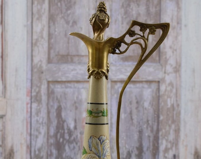Porcelain Wine Jug with Bronze Handle - Porcelain Carafe - Gold Bronze - Floral Ornaments - Art Nouveau Style - Home Decor - Kitchen Decor