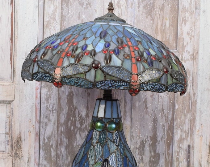 Lamp Tiffany Style - Blue Table Lamp  Dragonfly - Lamp Flower Stained - Glass Bedside Lamp - Atmospheric Lamp Office - Amazing Gift Idea