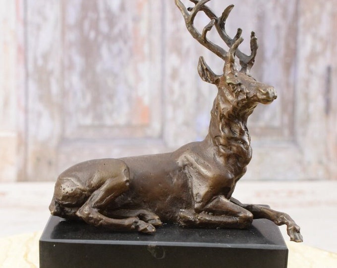 Lying Deer Bronze Statue on Marble Base - Hunting Figure - Garden Figurine - Sculpture Bronze - Home Decor - Hunter Statue