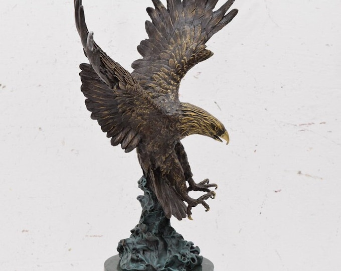 Attacking Eagle Bronze Statue - Figurine Buzzard on Marble Base - Foundry Mark Sculpture - Gift for Hunter -