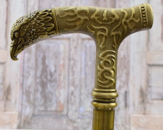 Brass Walking Stick - Head Eagle - Gift for Grandfather Father - Aluminium Cane - Head Buzzard - Gift Wedding Session