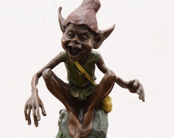 Sittiing Funny Goblin - Bronze Statue on Marble Base - Funny Gnome Pixie Bronze Sculpture - Gift Idea - Elf Bronze - Personalized Gifts