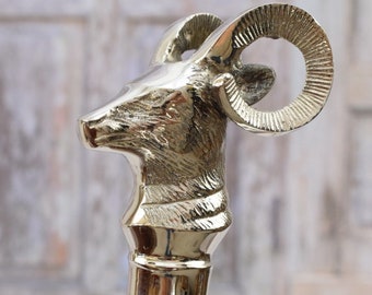 Aluminum Walking Stick - Head Goat - Gift for Grandfather Father Aluminium - Cane Art Deco - Dark Wooden and Silver