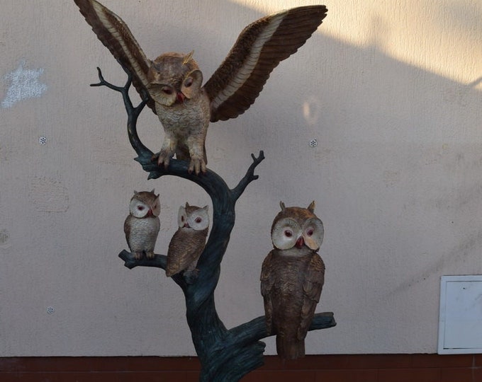 Big Family of Owls Bronze Fountain – Colorful Owl Sculpture for Garden – Outdoor Water Feature – Handmade Bronze Owl Statue
