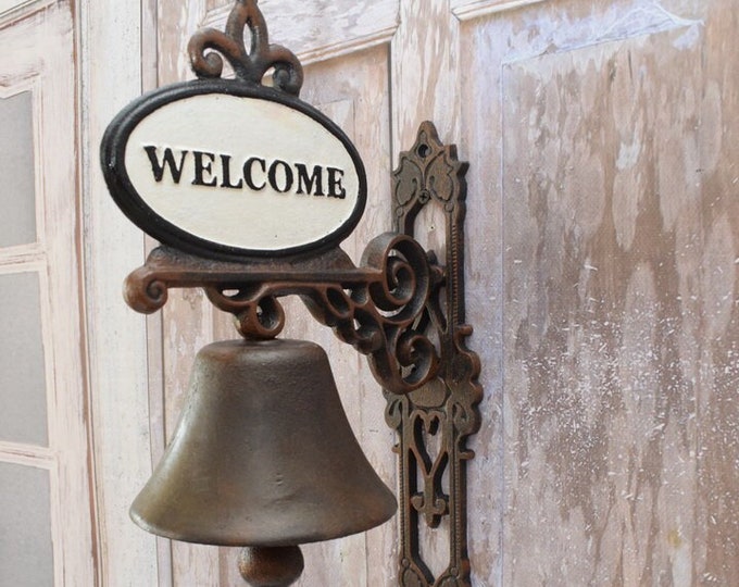 Decorative Door Bell Welcome - Black and White Bell - Unique Bell - Cast Iron Bell - Antique Home Decor - Wall Ring Bell Good Gift Idea