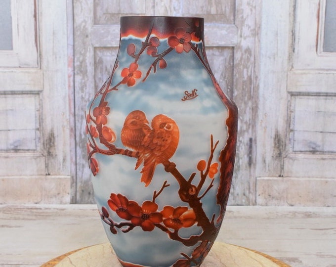 Limited Flower Vase - Glass Vase Birds Design - Emile Galle Style - Blue and Red Colors - Wedding Gift Idea - Home Decor