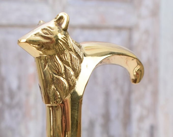 Brass Wolf Head Walking Stick - Wooden and Brass Cane - Walking Stick Gift for Grandfather - Wooden Art Work Cane