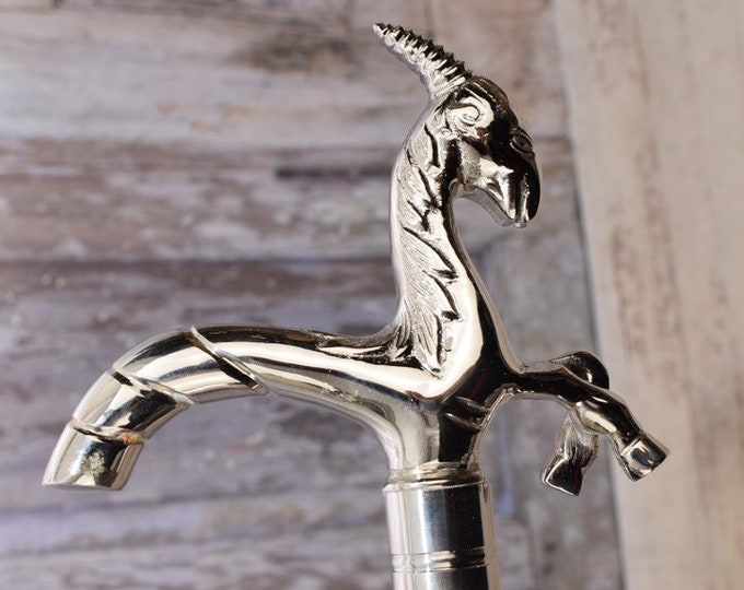 Silver Brass Walking Stick Horse - Cane Unicorn - Gift for Grandfather Wooden Cane - Handmade Gift - Gift for Birthday - Black and Silver