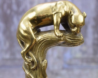 Vintage Bronze Cat Walking Stick – Gilded Handle, Wooden Cane, Decorative Collectible