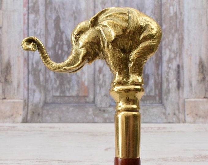 Unique Bronze Walking Stick - Bronze Elephant Dog - Wooden and Gilded Bronze Cane - Elephant Cane - Vintage Elegant Gift Idea