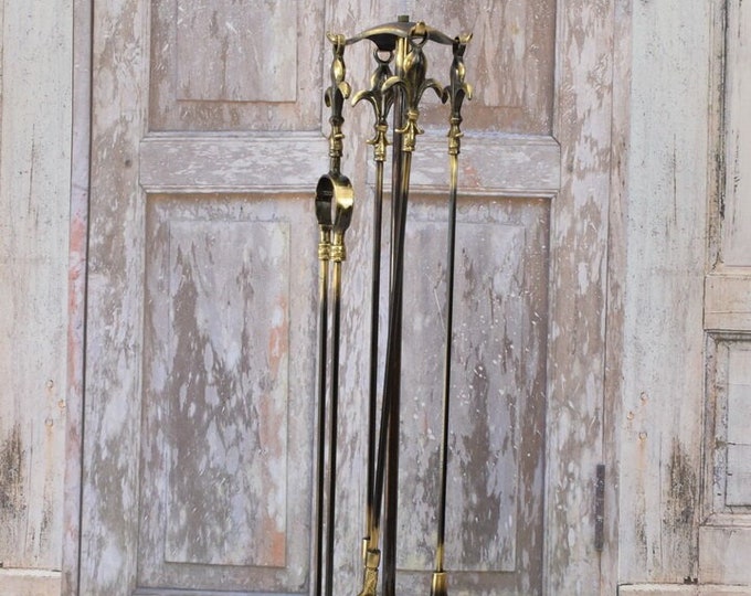 Classic Set of Fireplace Tools Made of Polished Brass - Fireplace Accessory - Stove Tong Set - Exclusive Hunter Gift Idea