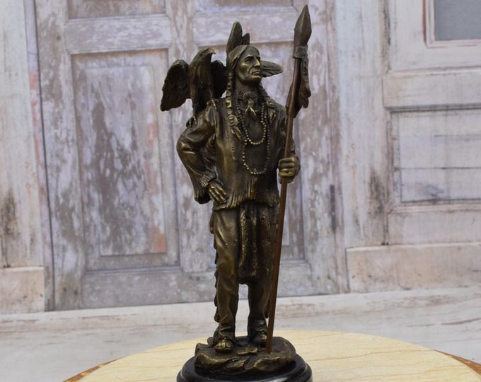 Indian Warrior with Spare and Eagle on His Shoulder - Bronze Sculpture on Marble Base - Unique Statue - Home & Office Decor - Vintage Bronze