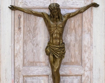 Vintage Large Bronze Jesus Figurine - Corpus Christi Wall