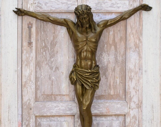 Vintage Large Corpus Christi Jesus Bronze Figurine - Jesus Bronze Sculpture - Wall Mount Bronze Figure - Cross Hanging Sculpture