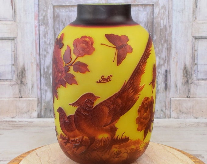 Limited Flower Vase - Yellow and Orange Glass Vase - Pheasants Design - Emile Galle Style - Solid and Heavy - Wedding Gift Idea - Home Decor