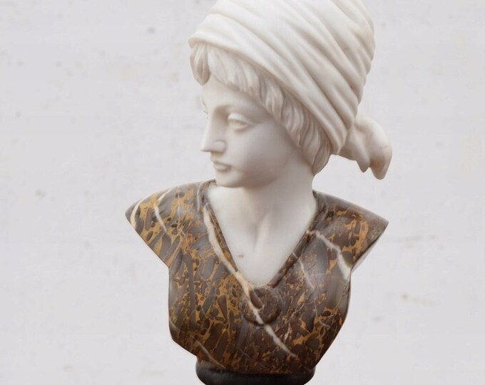 Unique Marble Bust of Woman in Hat - Camellia Lady Marble Pedestal - Mythological Sculpture - Marble Art Deco - Exclusive Gift Idea
