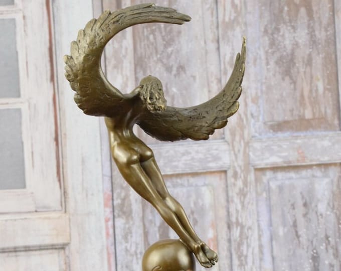 Icarus Bronze Sculpture: Winged Woman Art Nouveau Figurine on Marble