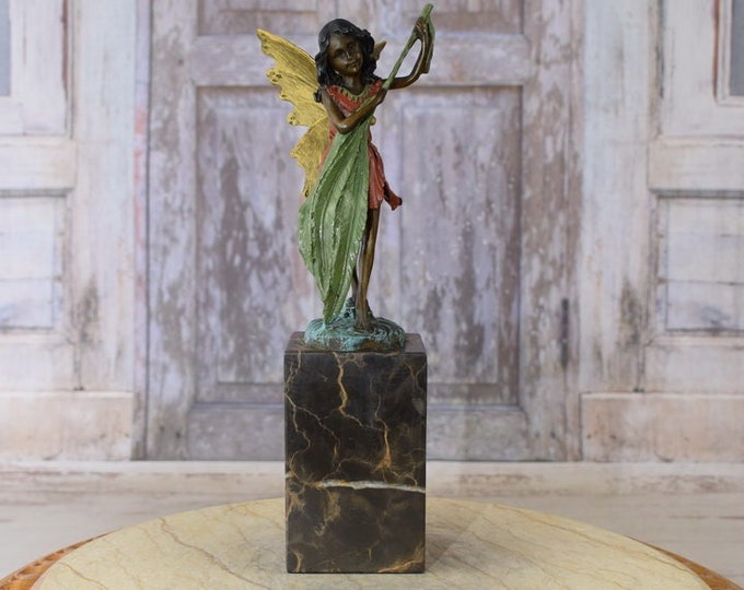 Elf Thumbnail with Wings Bronze Sculpture - Young Girl with Wings Statue - Vintage Statue - Foundry Mark - Home Office Decor - Gift Idea