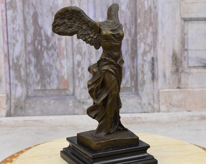 Ancient Greek Nike of Samothrace - Nike Bronze Sculpture on Marble Base - Winged Goddess Statue - Vintage Home Decor - Gift Idea
